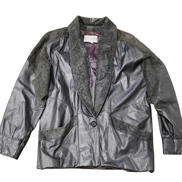 Pelle Studio Jackets & Blazers - Vintage Pelle Studio Black Leather Paisley Jacket Blazer Womens‎ Size Small 80's